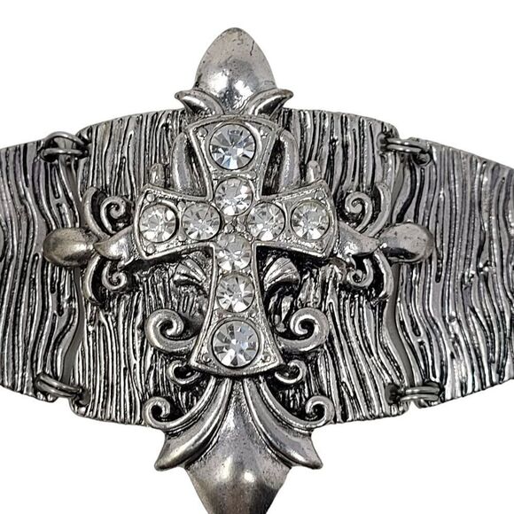 Silver Tone Wide Articulated Bracelet Rhinestone Coptic Maltese Cross Pirate - Picture 7 of 7